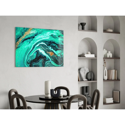 Vibrant teal and black abstract glass wall art with gold leaf accents