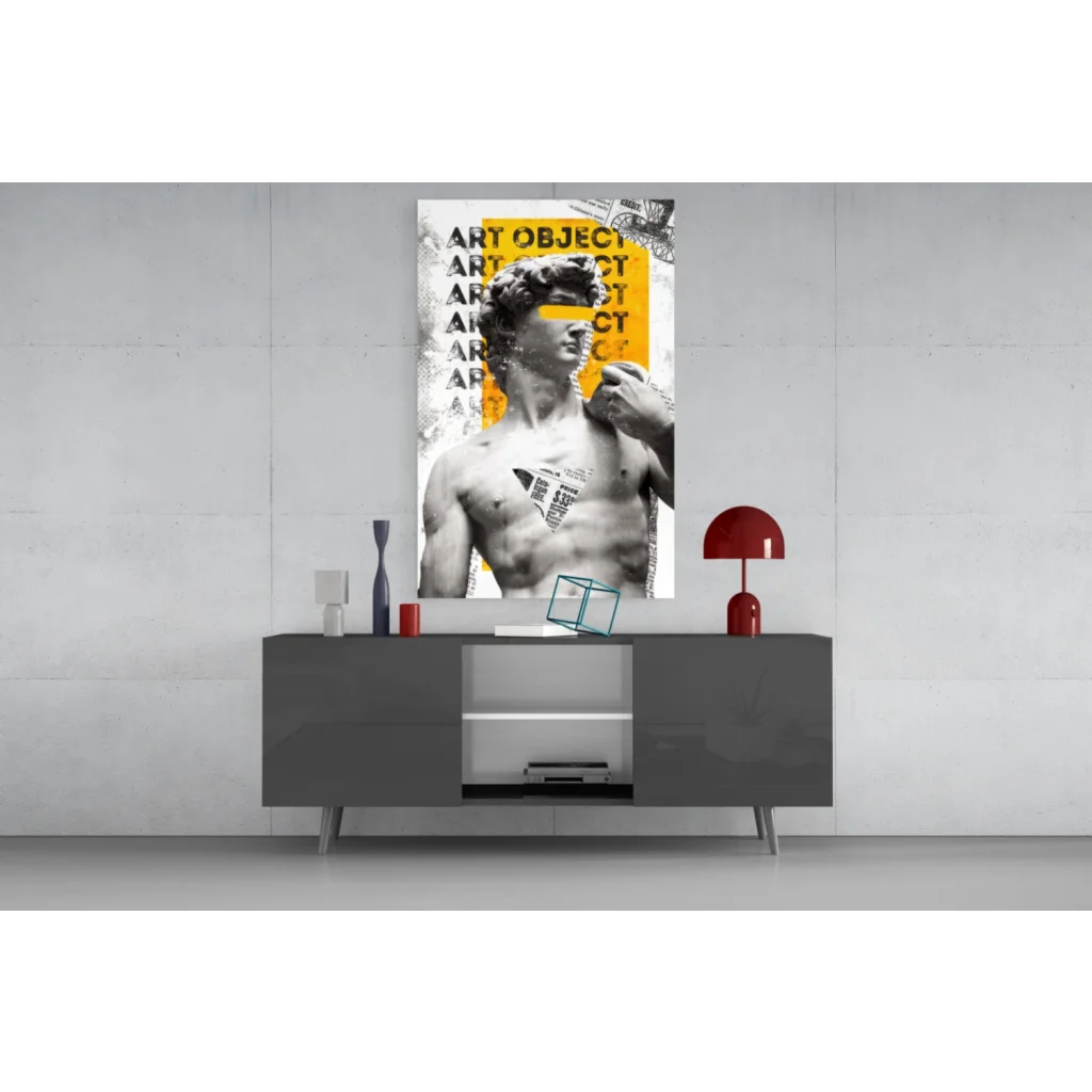 Modern David statue pop art glass wall print with bold yellow overlay