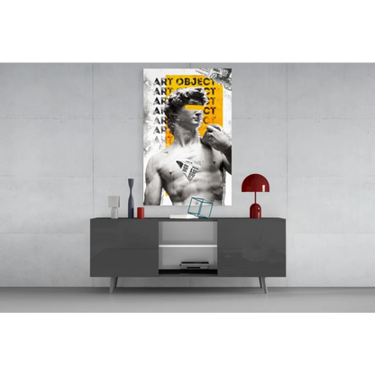 Modern David statue pop art glass wall print with bold yellow overlay