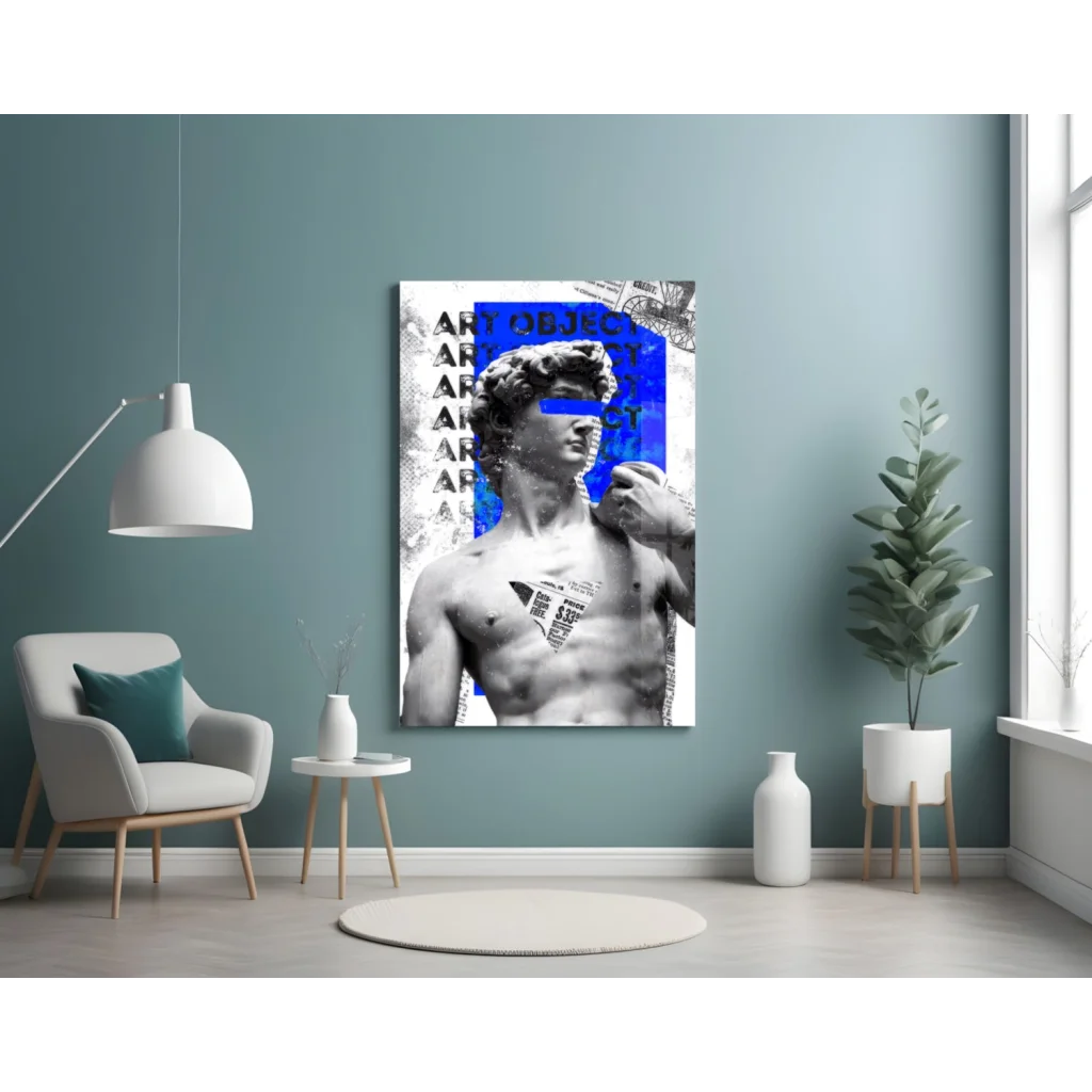 Bold blue David statue on black-and-white collage glass wall art print