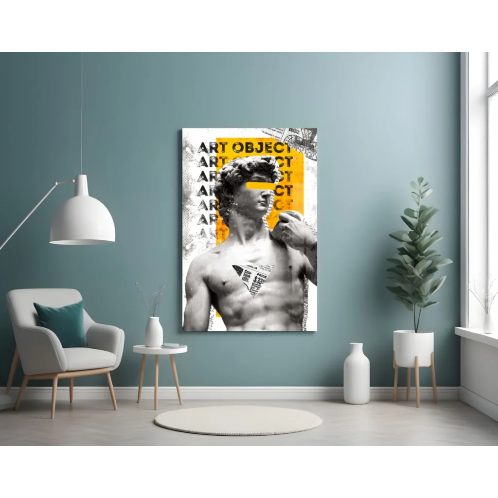 Bold David statue pop art glass wall print with yellow overlay