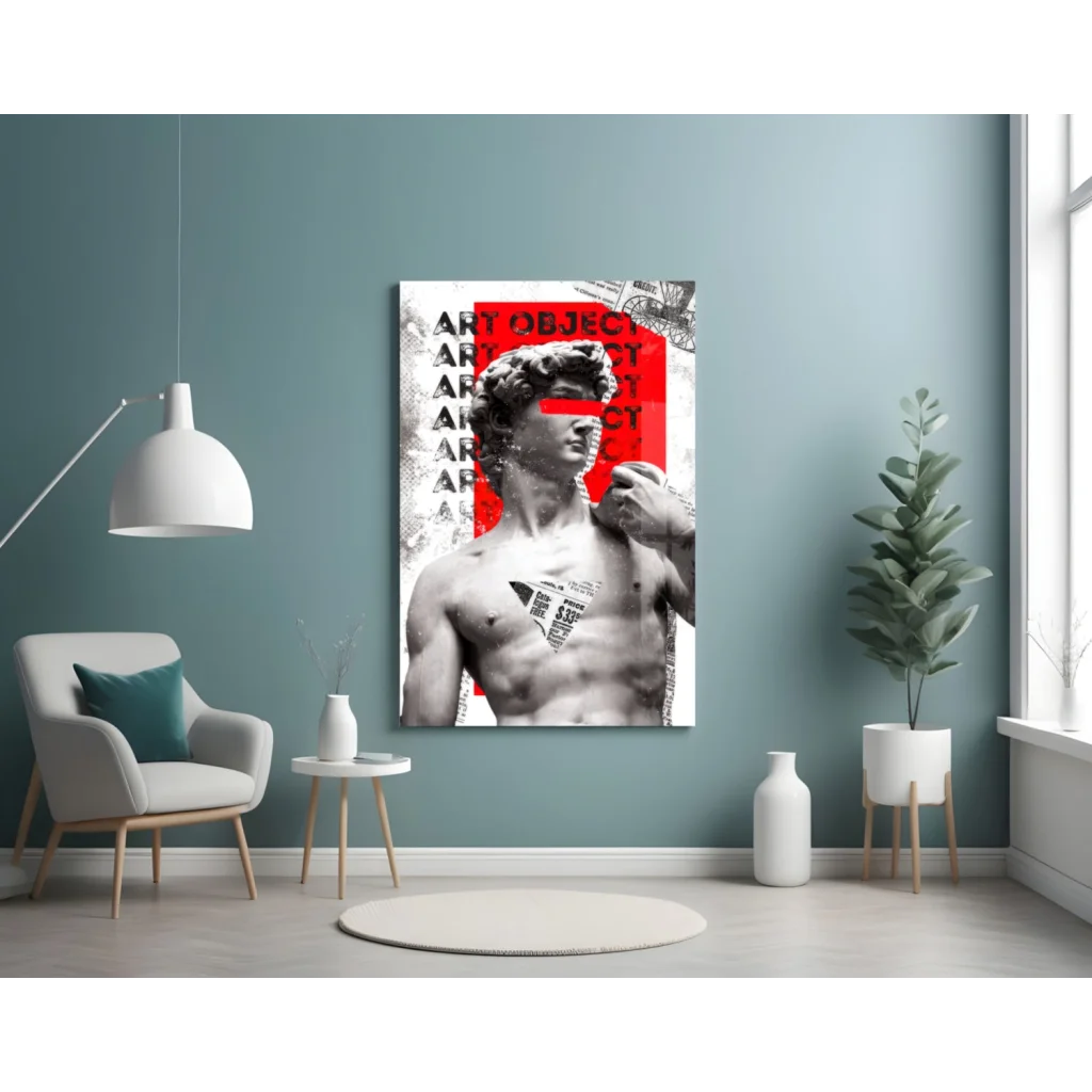 Bold David statue pop art wall art canvas print with red accents