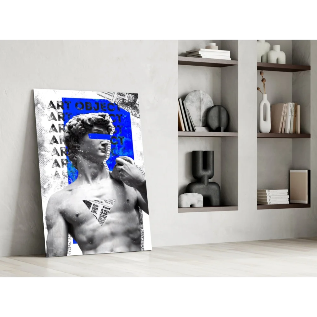 Bold blue David statue on black-and-white glass wall art print