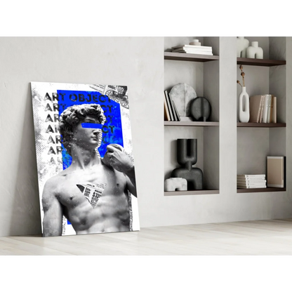 Bold blue David statue on black-and-white glass wall art print