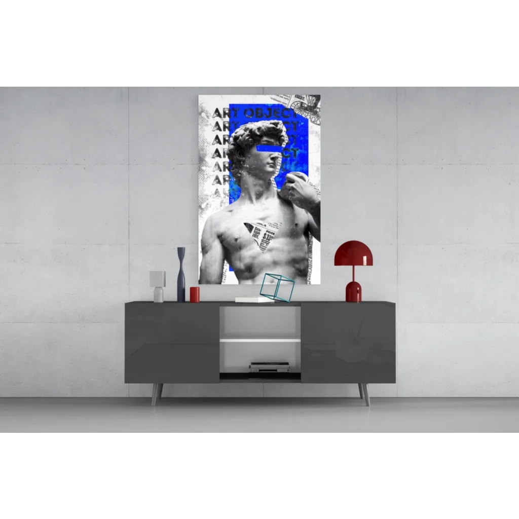 Bold blue David statue glass wall art print with muscular figure