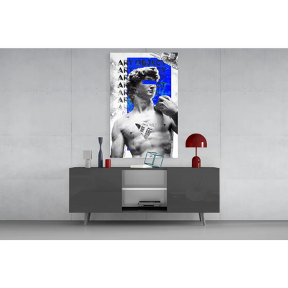 Bold blue David statue glass wall art print with muscular figure