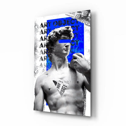 Bold blue David statue on black-and-white glass wall art print