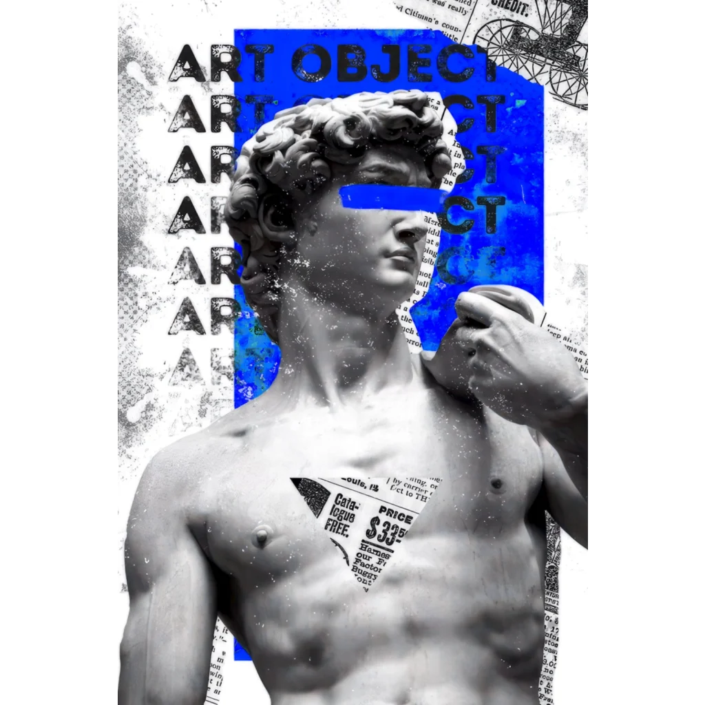 Bold blue David statue glass wall art print of marble sculpture