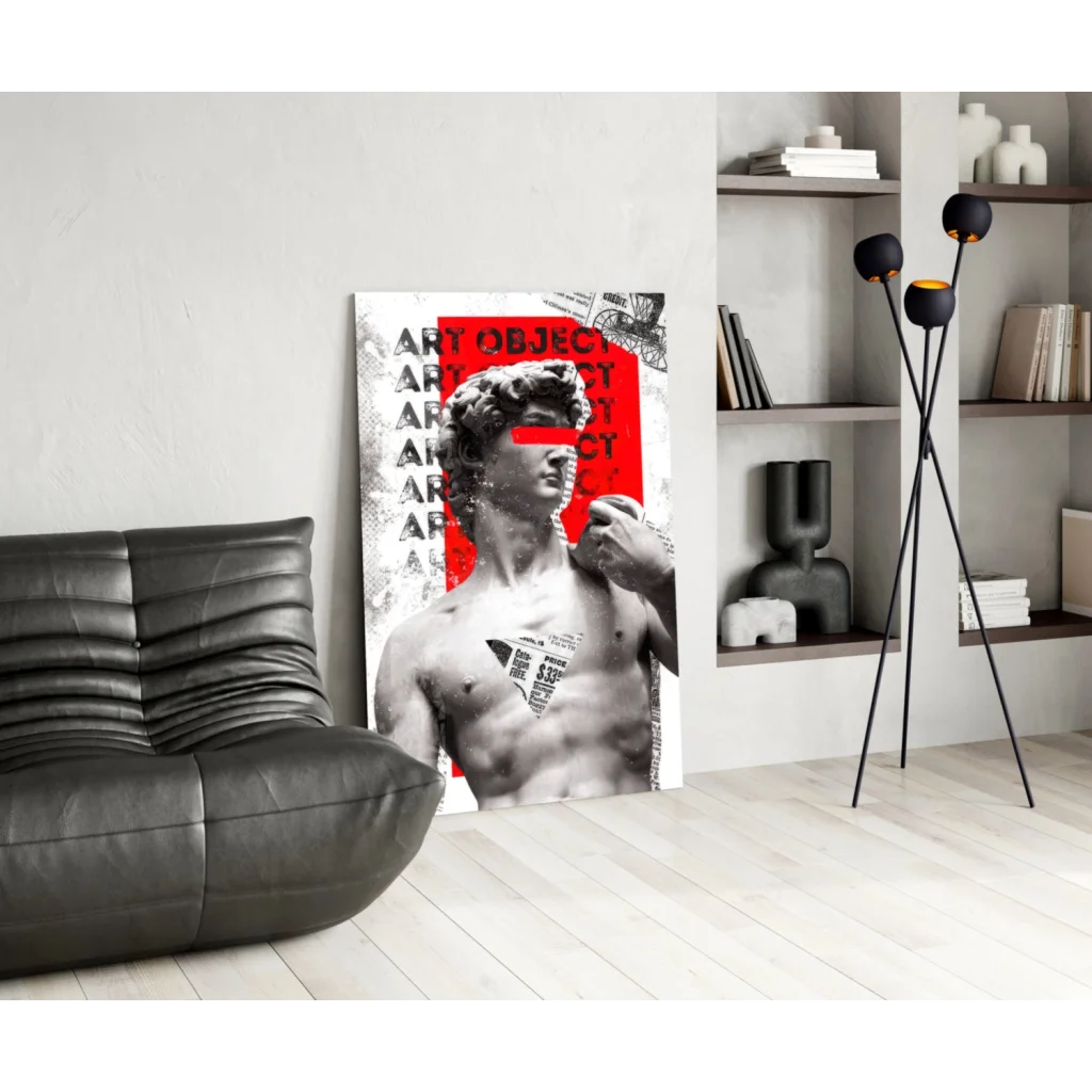 Bold David statue pop art wall art canvas print with red accents