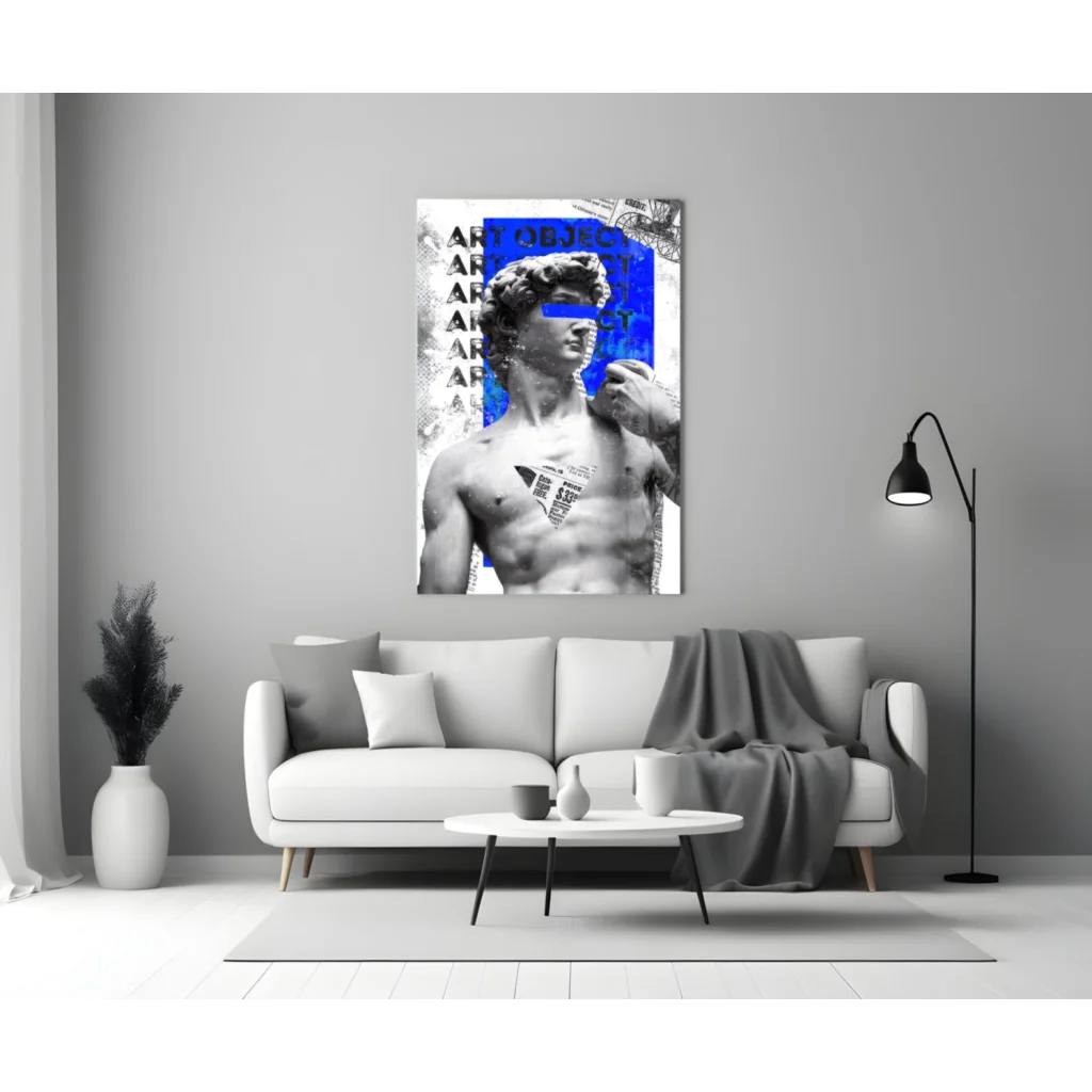 Bold blue David statue in abstract glass wall art print
