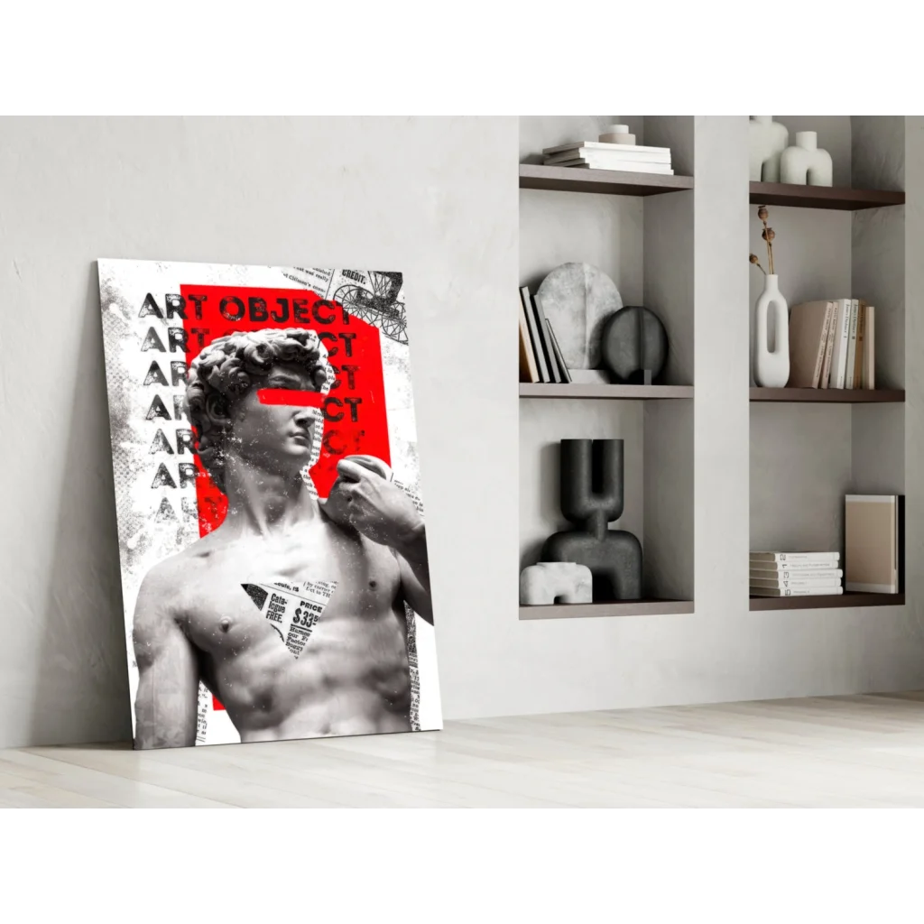 Bold David statue pop art wall art canvas print with red accents