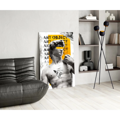 Modern glass wall art of Michelangelos David in pop style with yellow text