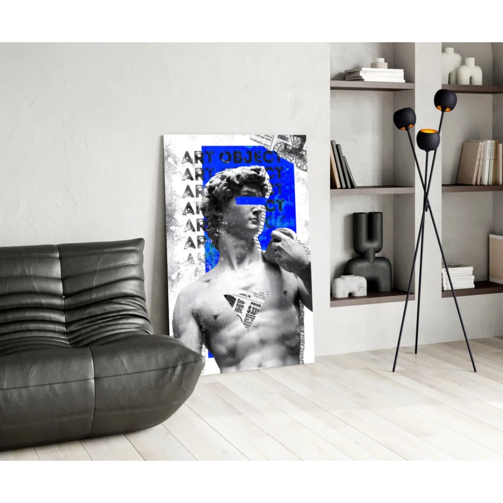 Bold blue David statue on modern black-and-white glass wall art print