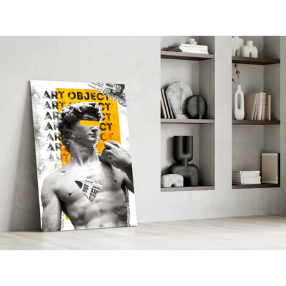 Stylized David statue black-and-white glass wall art with bold yellow overlay