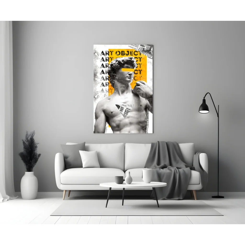 Muscular David statue pop art glass wall print on bold yellow background