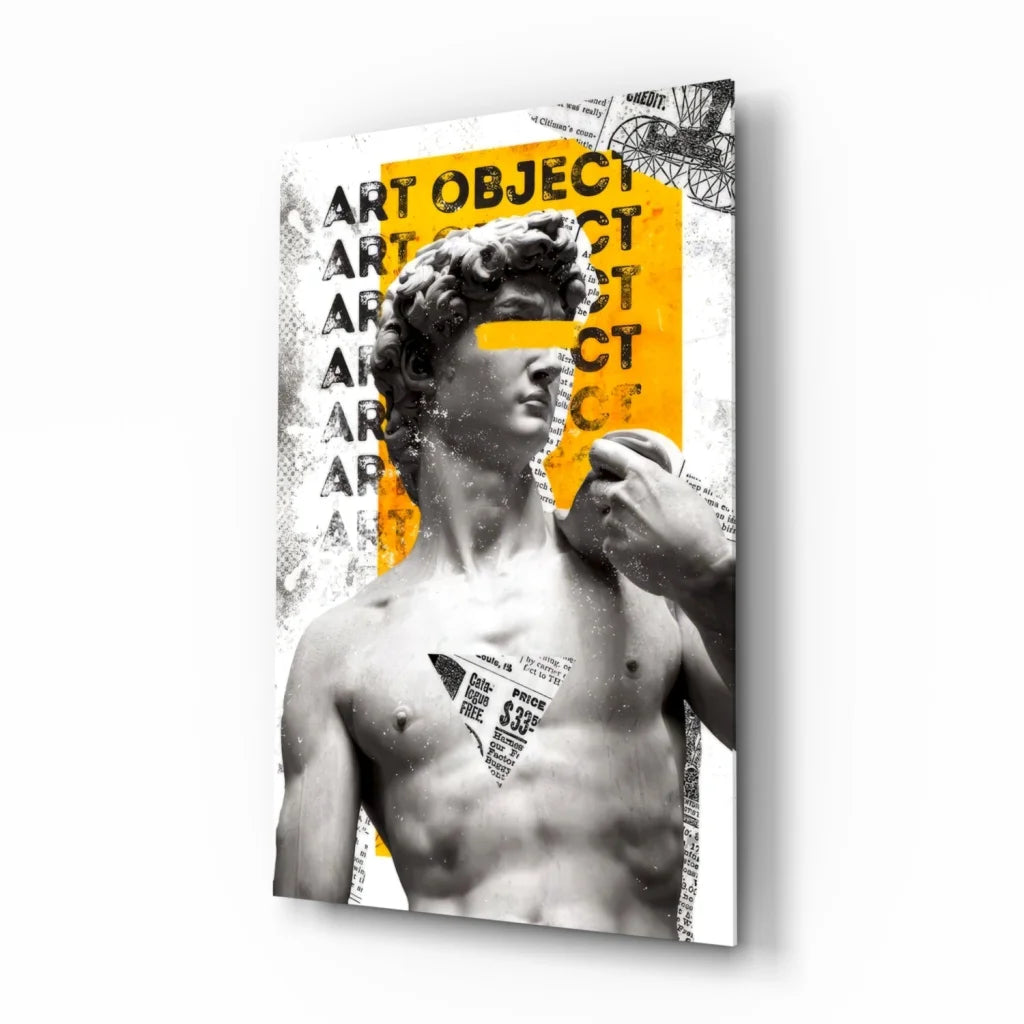Stylized David statue black-and-white glass wall art with bold yellow overlay