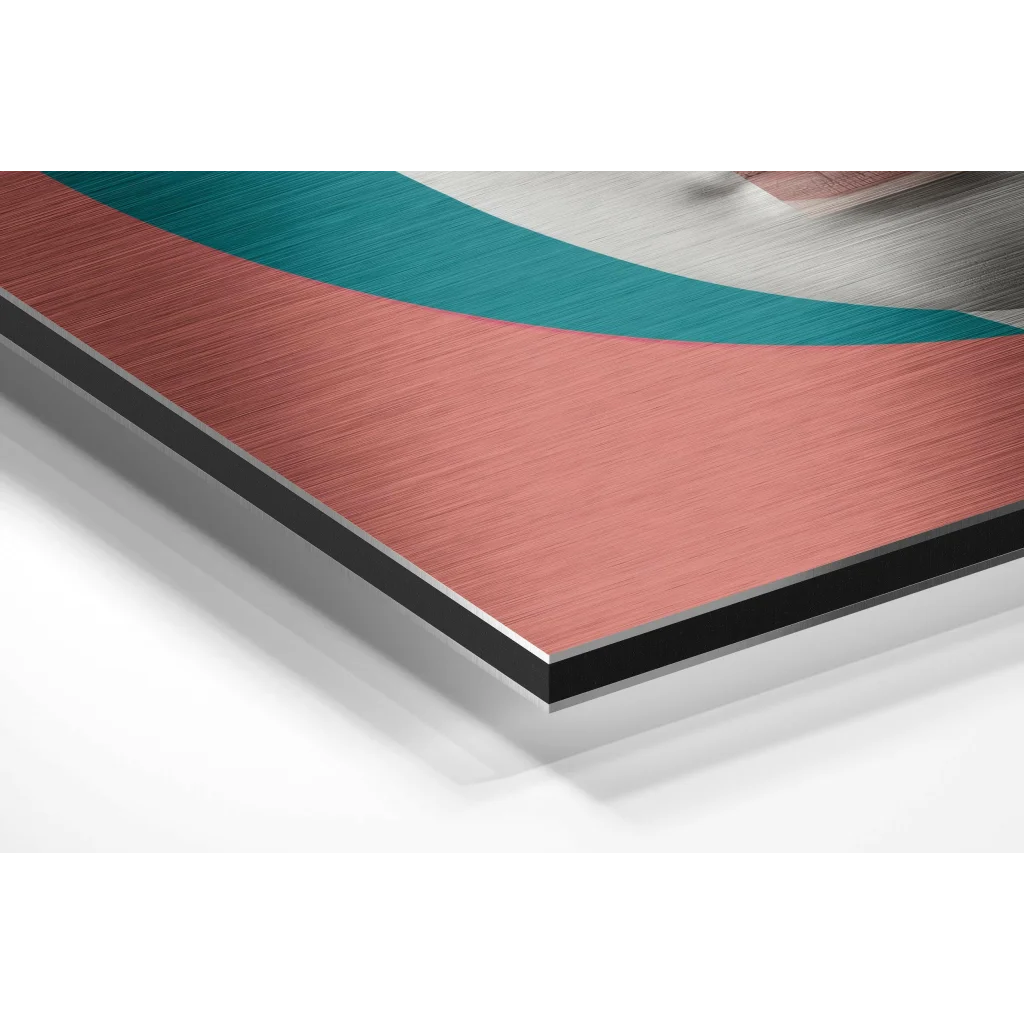 Stunning brushed aluminium dibond abstract wall art with copper and teal accents