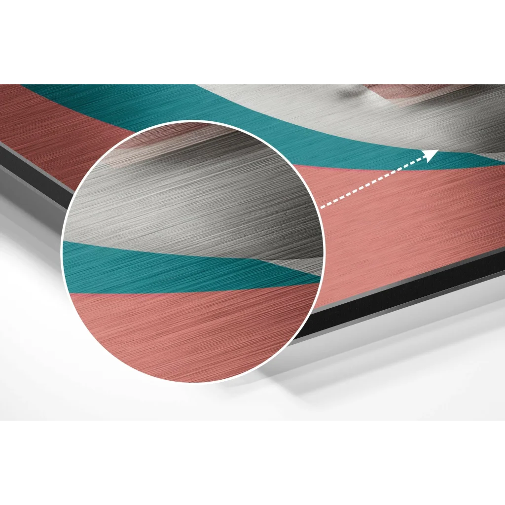 Stunning brushed aluminium dibond abstract wall art in teal, rose gold, silver