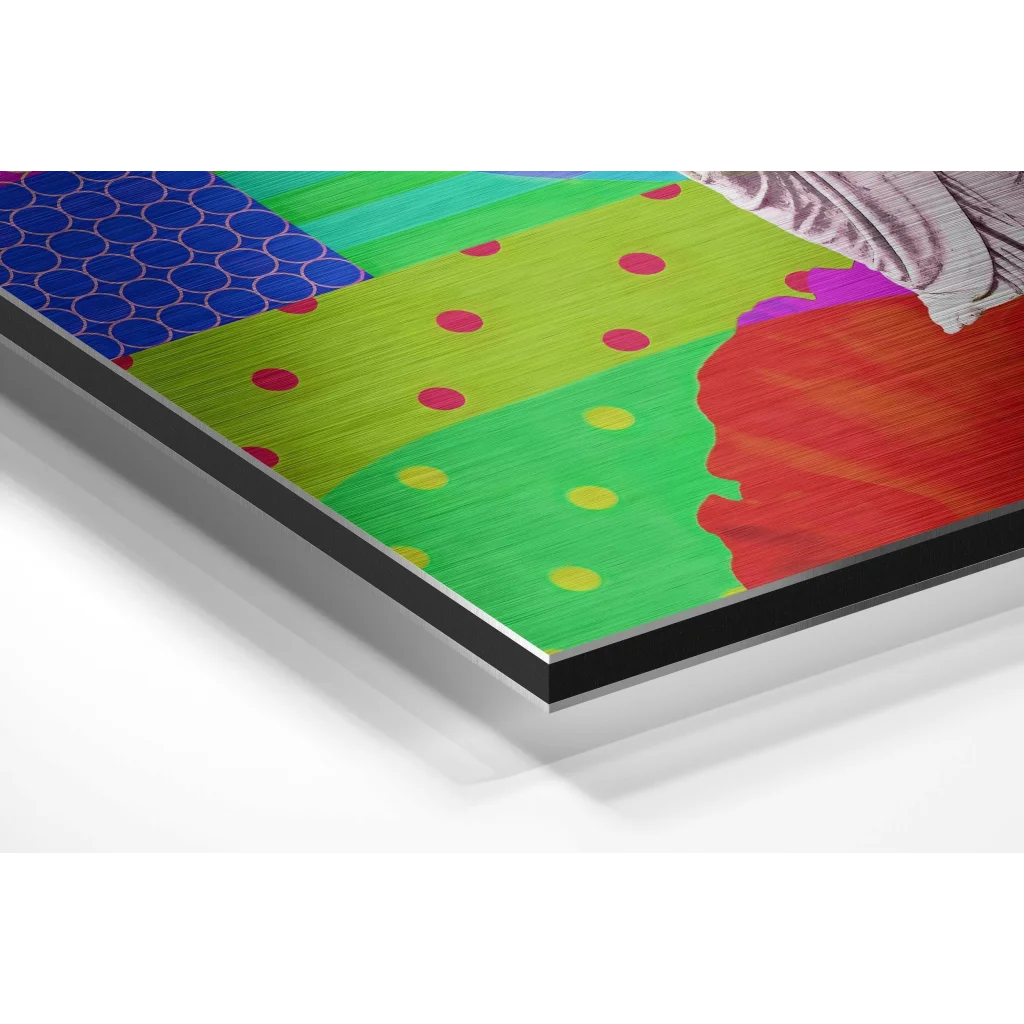 Vibrant pop art print on brushed aluminium dibond with bold geometric polka dots