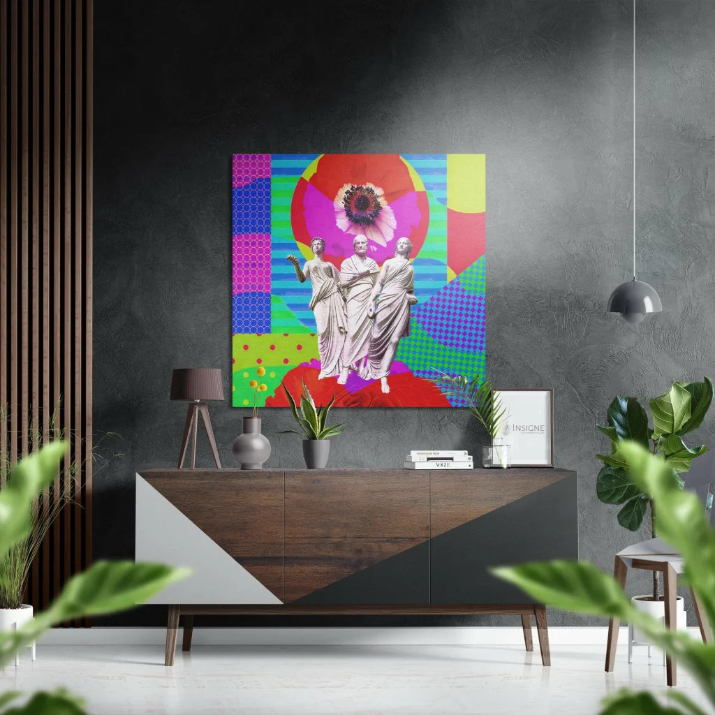 Vibrant pop art canvas on brushed aluminium dibond with statues