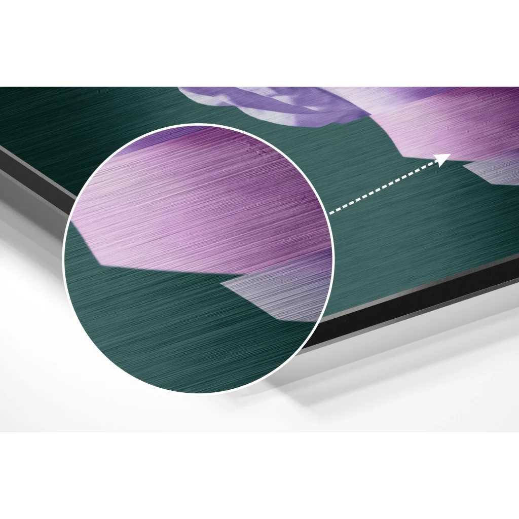Vibrant purple floral brushed aluminium dibond wall art on teal background