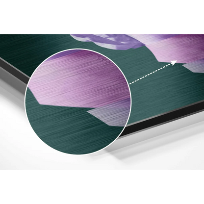 Vibrant purple floral brushed aluminium dibond wall art on teal background