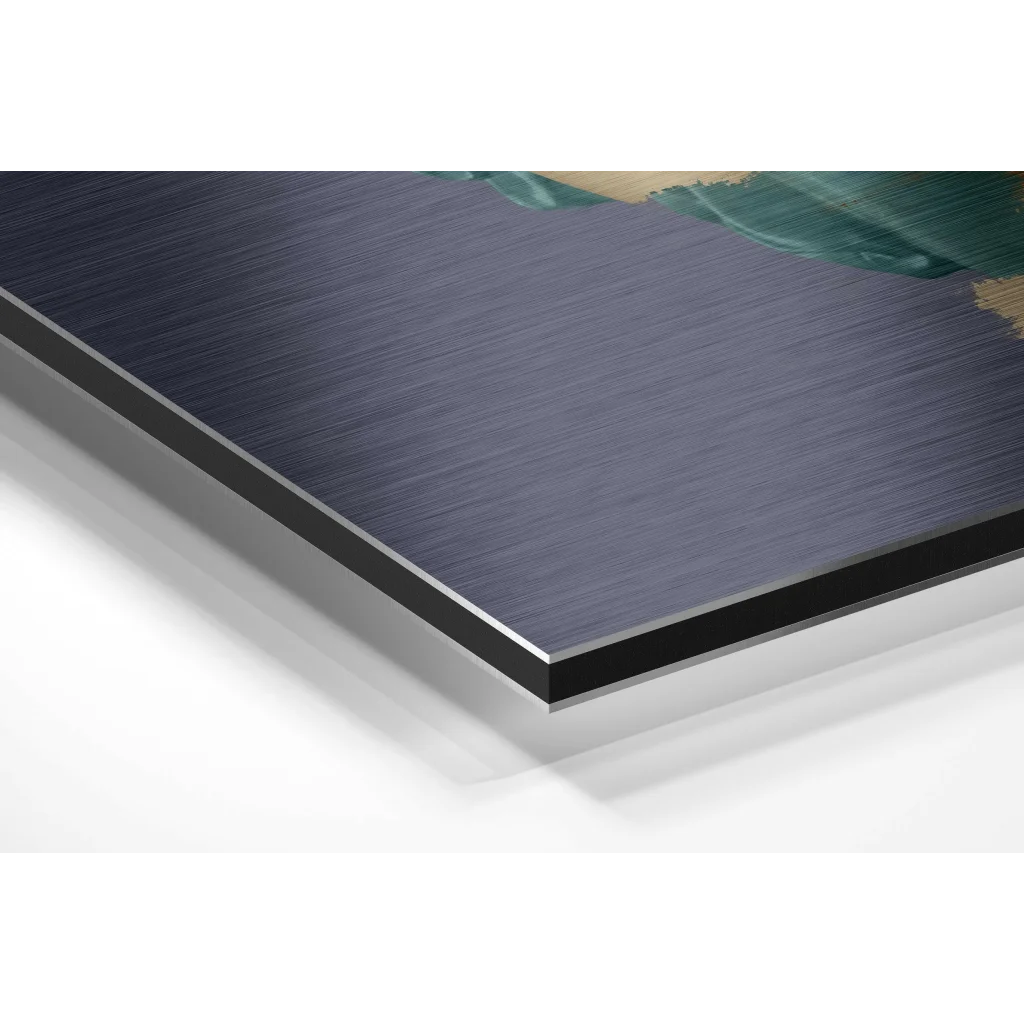 Teal gold abstract on dark blue brushed aluminium dibond wall art