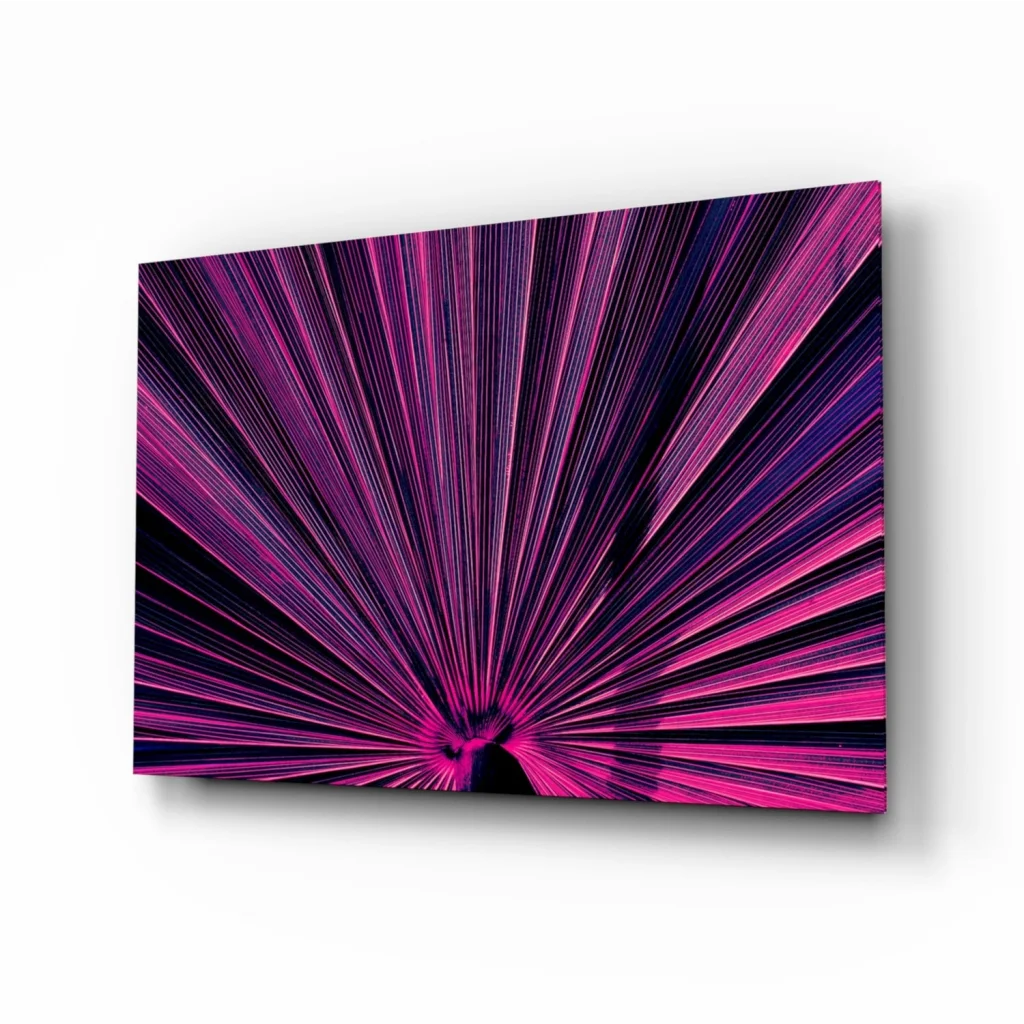Stunning purple pink radial burst glass wall art with vibrant pattern
