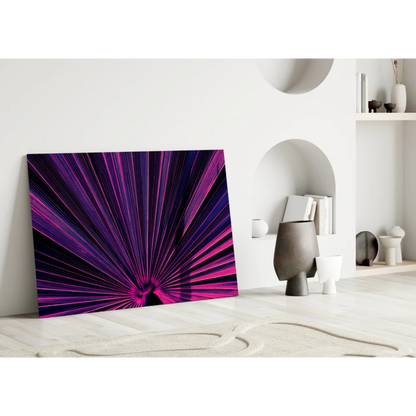 Vibrant purple pink radial burst glass wall art on white wall