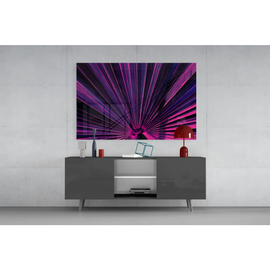 Vibrant purple pink radial burst glass wall art on gray console