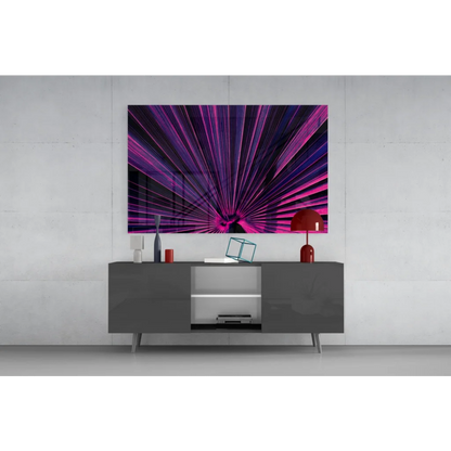 Vibrant purple pink radial burst glass wall art on gray console