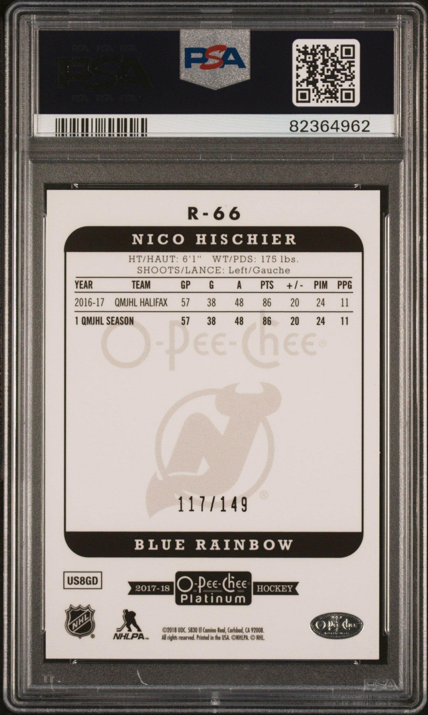 Back of PSA-graded Nico Hischier hockey card showing statistics, blue rainbow parallel designation 117/149, and black PSA holder frame.