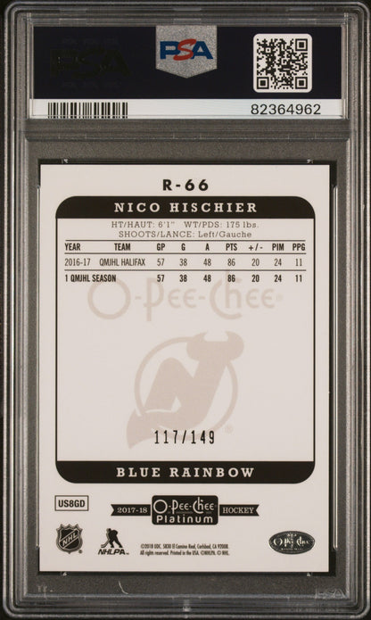 Back of PSA-graded Nico Hischier hockey card showing statistics, blue rainbow parallel designation 117/149, and black PSA holder frame.