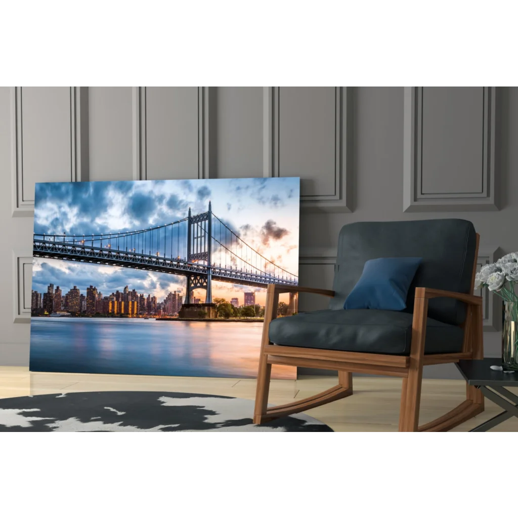 Manhattan Bridge dusk canvas wall art print with blue silver skyline