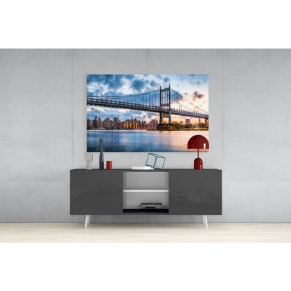 Manhattan Bridge dusk canvas wall art with skyline reflections