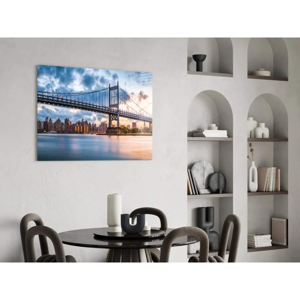 Manhattan Bridge dusk canvas wall art print with vibrant sunset skyline