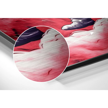 Vibrant abstract space art print on brushed aluminium dibond with red purple swirls