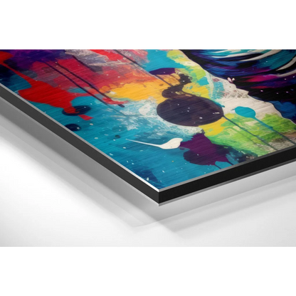 Vibrant abstract astronaut art on brushed aluminium dibond with bold paint splashes