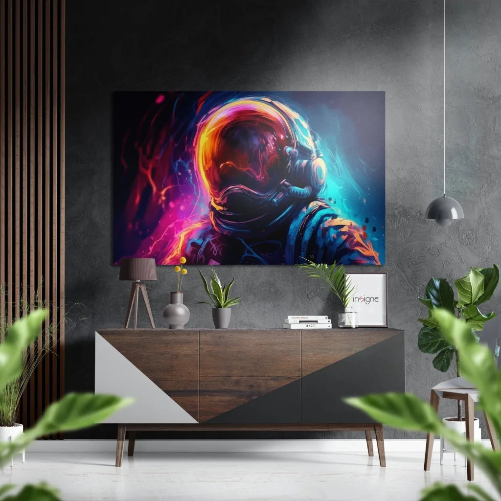 Vibrant neon astronaut on brushed aluminium dibond space art print