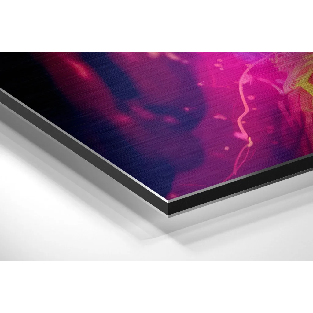 Vibrant brushed aluminium dibond abstract space art print in magenta and purple hues