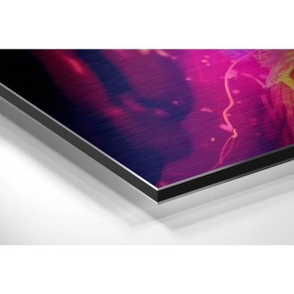 Vibrant brushed aluminium dibond abstract space art print in magenta and purple hues
