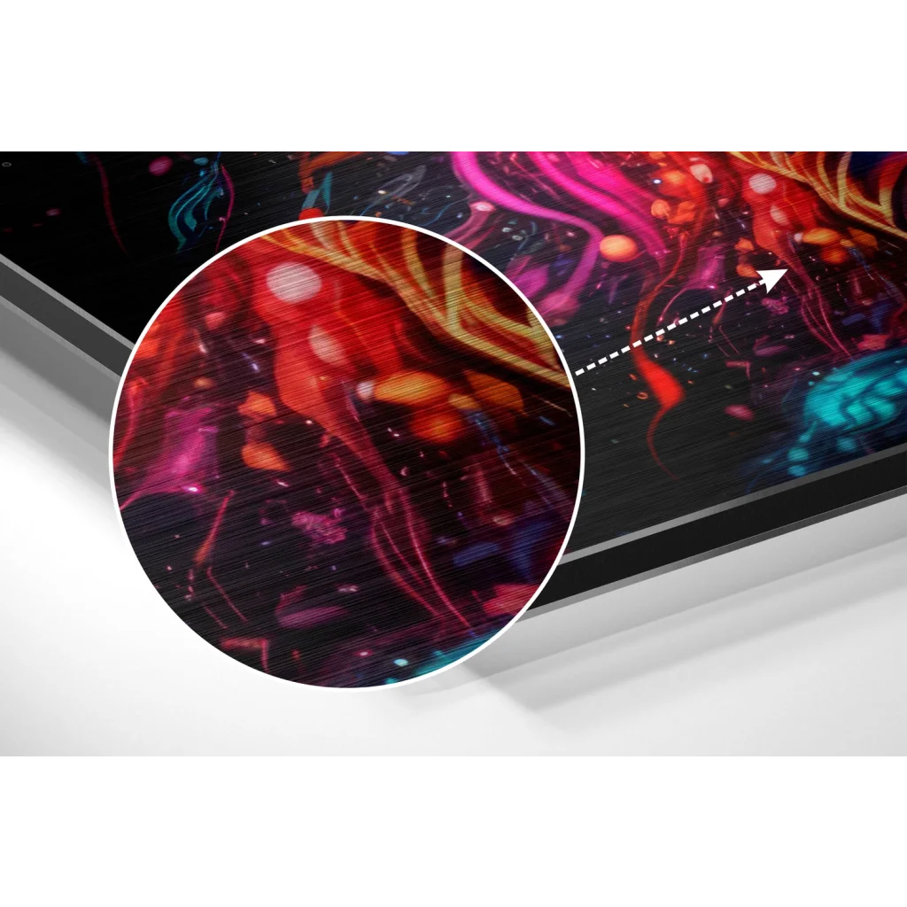 Vibrant cosmic nebulae in red pink teal on brushed aluminium dibond wall art