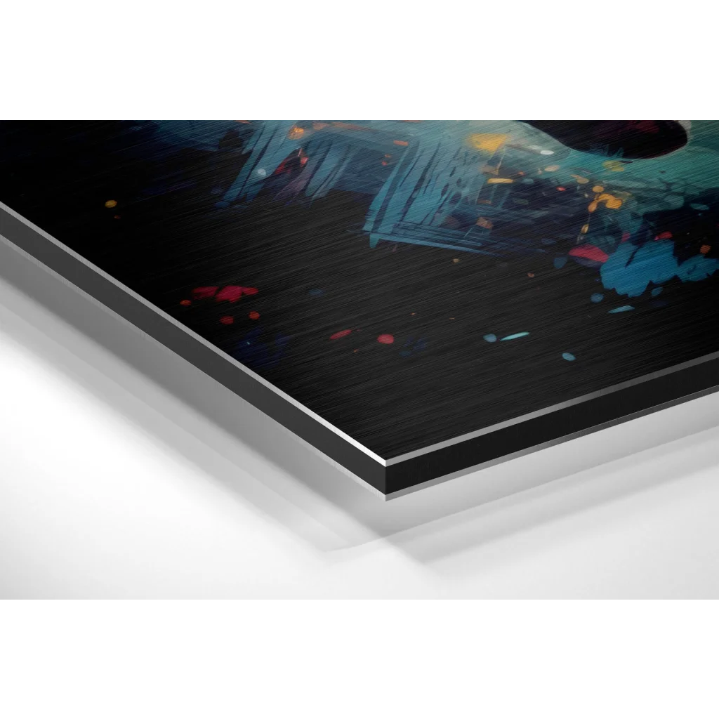 Vibrant astronaut art on brushed aluminium dibond with bold paint splatters