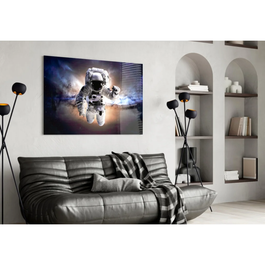 Vibrant astronaut canvas wall art print floating in deep space blues