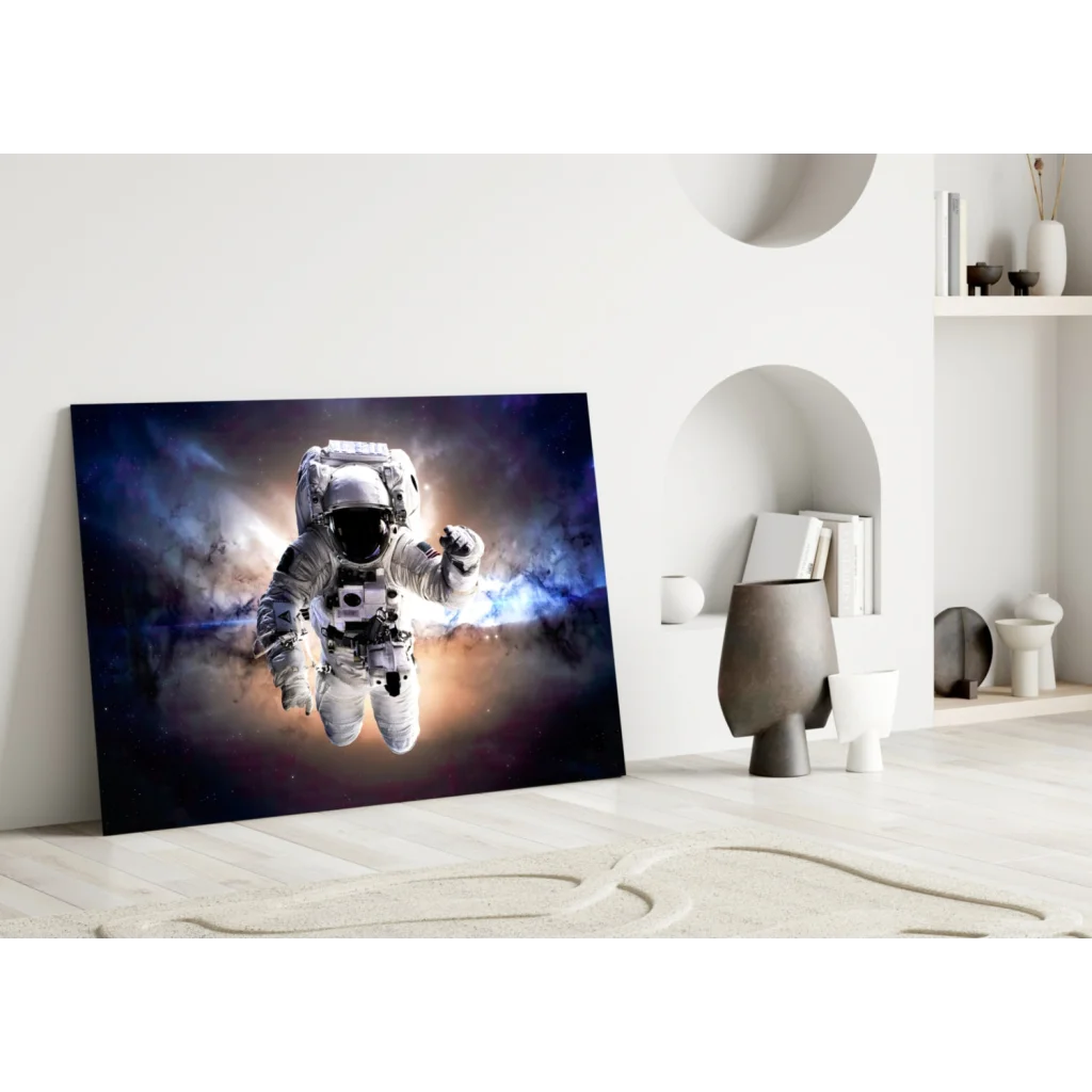 Floating astronaut in white spacesuit on cosmic canvas wall art