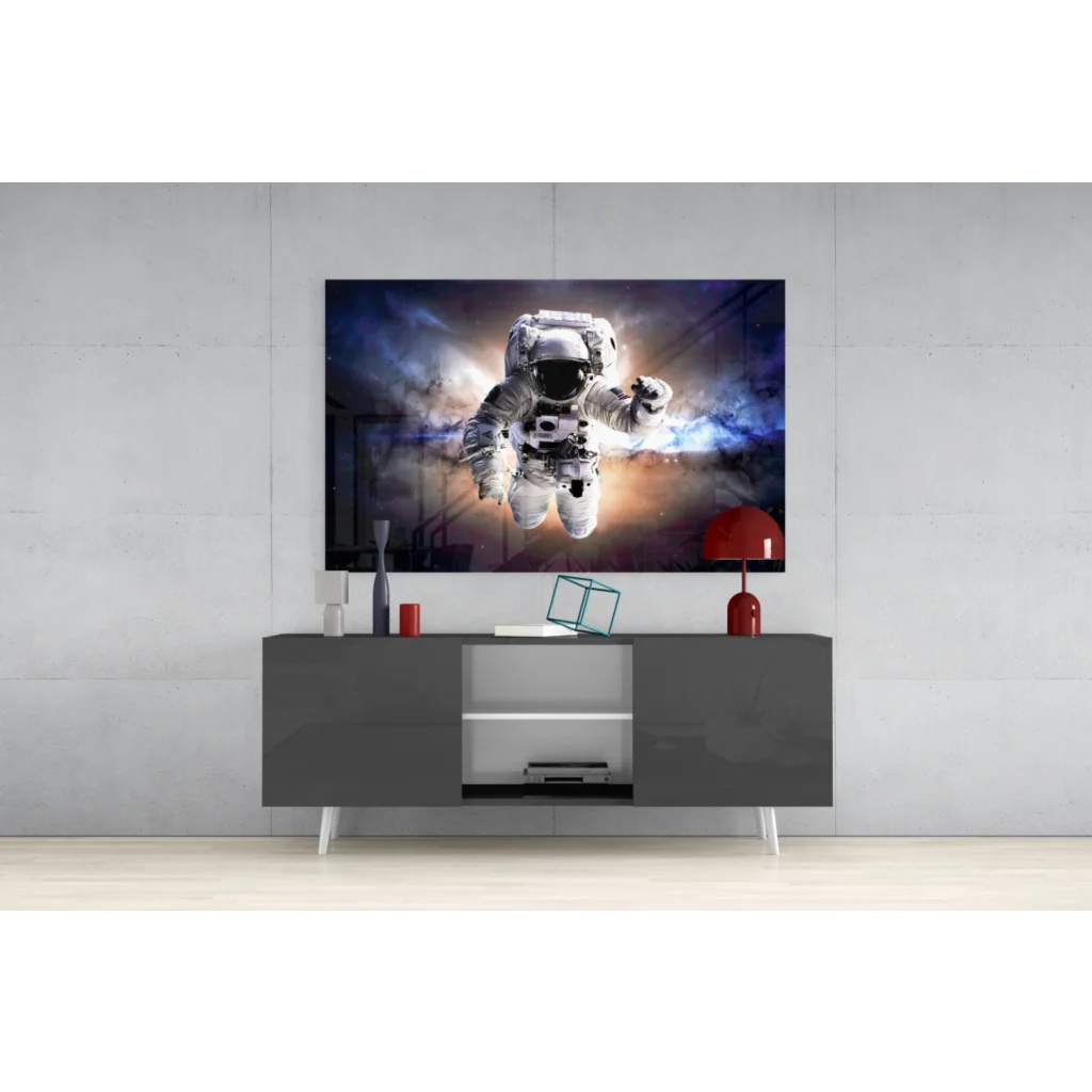 Black and white astronaut wall art on vibrant cosmic canvas