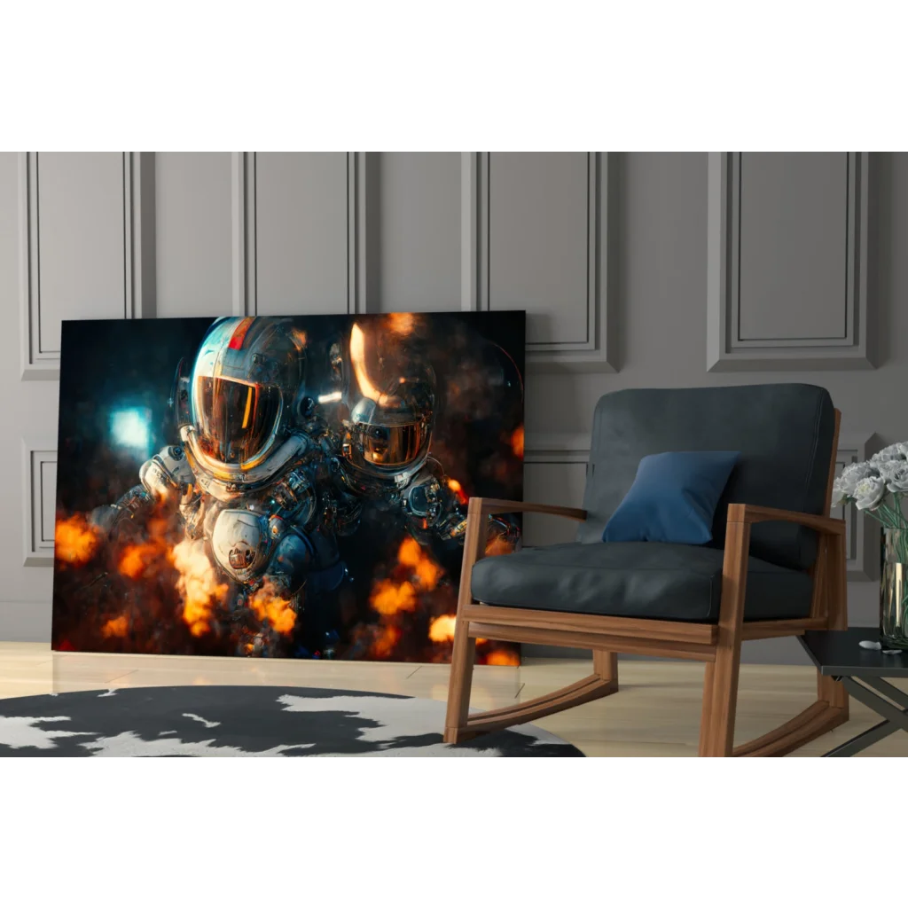Sleek metallic astronaut wall art canvas print with fiery explosions
