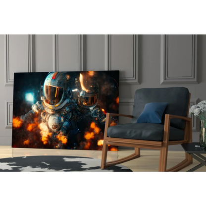 Sleek metallic astronaut wall art canvas print with fiery explosions