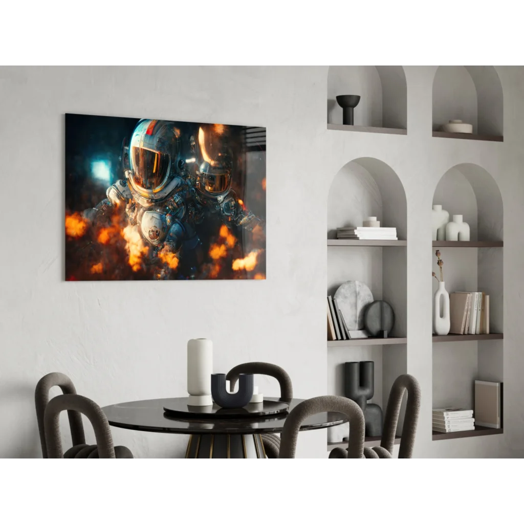 Vibrant astronauts in fiery cosmic canvas wall art print