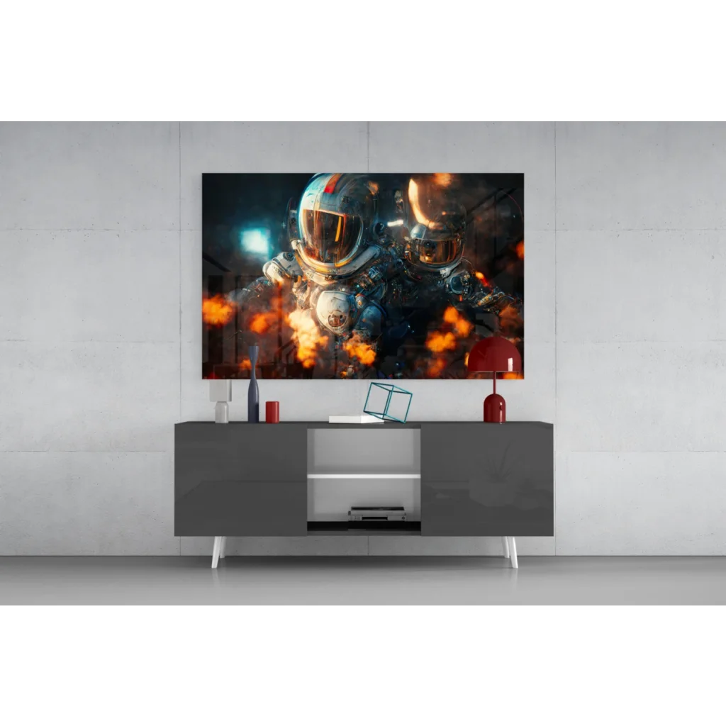 Vibrant astronauts in fiery explosions wall art canvas print